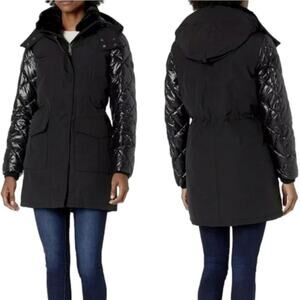 Calvin Klein Black Hooded Parka Coat Quilted Sleeve Faux Fur Trimmed Winter Warm